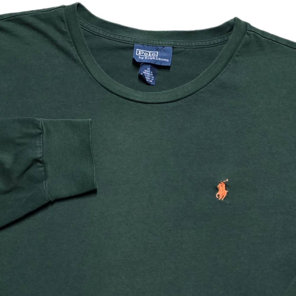 Vintage 90s Polo Ralph Lauren Long Sleeve T-Shirt Green Mens XL Orange Pony